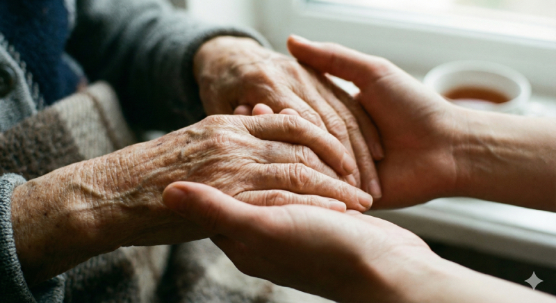 Close das mãos de um cuidador segurando com carinho as mãos de um idoso, simbolizando apoio prático e segurança no convívio com o Alzheimer.