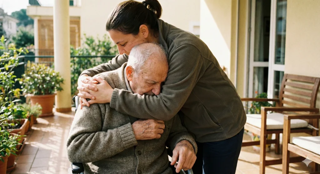 Um abraço de despedida de um idoso com Alzheimer