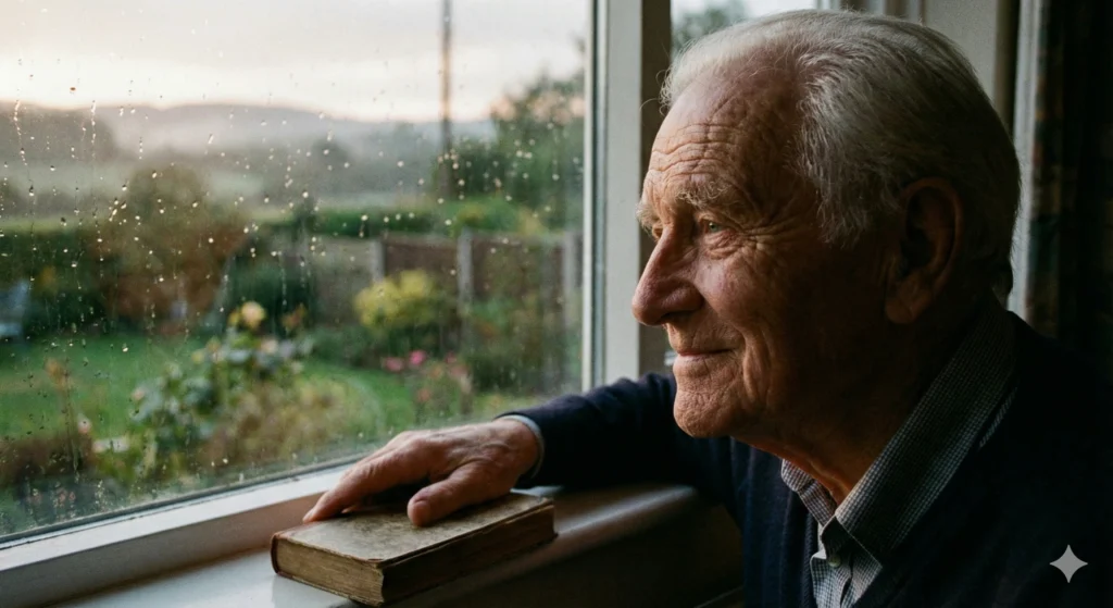 uma foto de um idoso olhando pela janela (passa serenidade e reflexão)