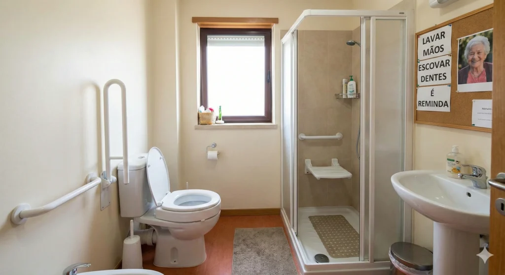 Banheiro preparado para Idoso com Alzheimer com barras de apoio para banho