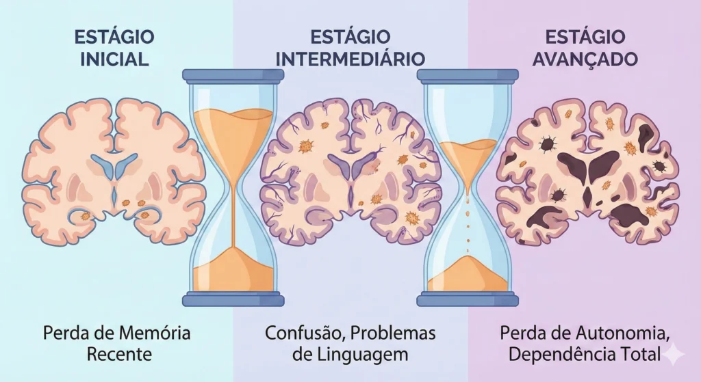 Estagios do Alzheimer, leve, moderado e grave.