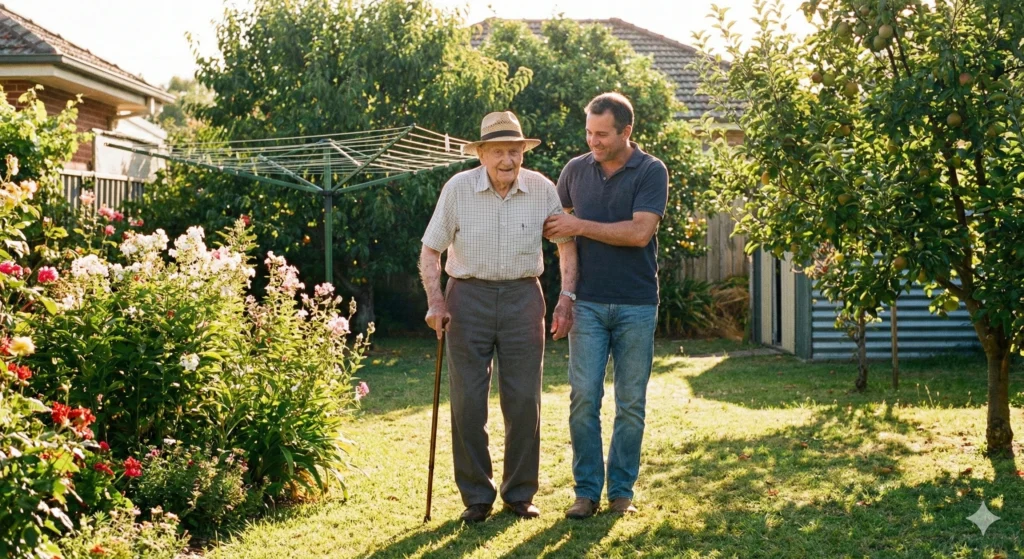 Idoso com Alzheimer caminhando no quintal com ajuda de cuidador
