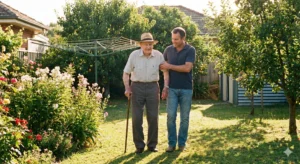Idoso com Alzheimer caminhando no quintal com ajuda de cuidador