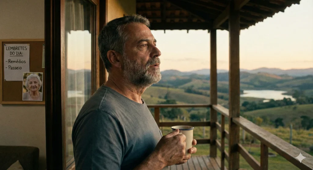 Imagem do Cuidador de paciente com Alzheimer pausa para descanso.