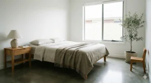 Um ambiente de sala ou quarto bem iluminado, organizado e sem tapetes, transmitindo paz